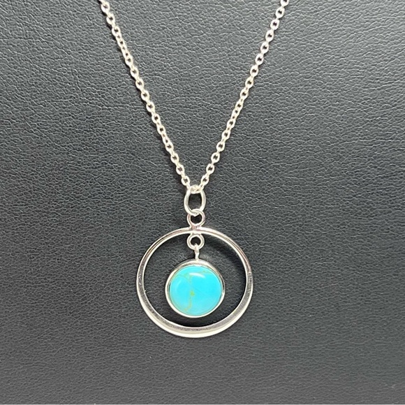 925 Sterling Silver Double Circle Turquoise Pendant Necklace 17" - Picture 1 of 10